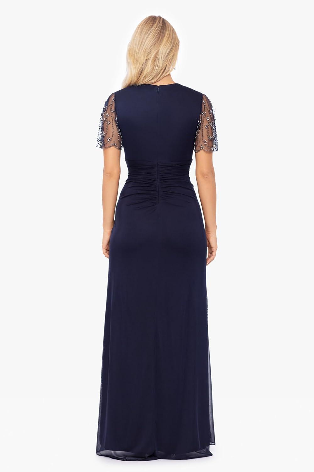 imageXscape Womens Sheer Matte Jersey Maxi Dress with Beaded Sleeves and Side RuchingNavyMetal