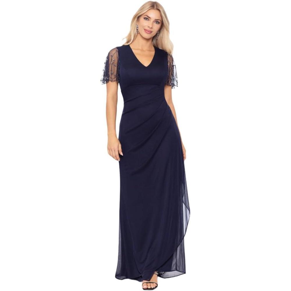 imageXscape Womens Sheer Matte Jersey Maxi Dress with Beaded Sleeves and Side RuchingNavyMetal