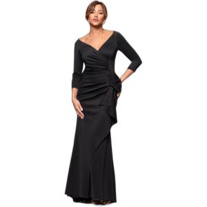Xscape Women’s Long 3/4 Sleeve V-Neck Side Ruched Gown (Reg and Petite), Black, 14P