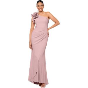 Xscape Womens Women’s One-Shoulder,Floor-Length, Scuba Crepe Dress, with Ruffle Detail (Petite)(Blush Pink)