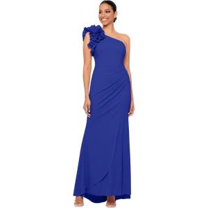 Xscape Womens Women’s One-Shoulder,Floor-Length, Scuba Crepe Dress, with Ruffle Detail (Petite)(Navy Blue)