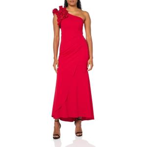 Xscape Womens Women’s One-Shoulder,Floor-Length, Scuba Crepe Dress, with Ruffle Detail (Petite)(Red)