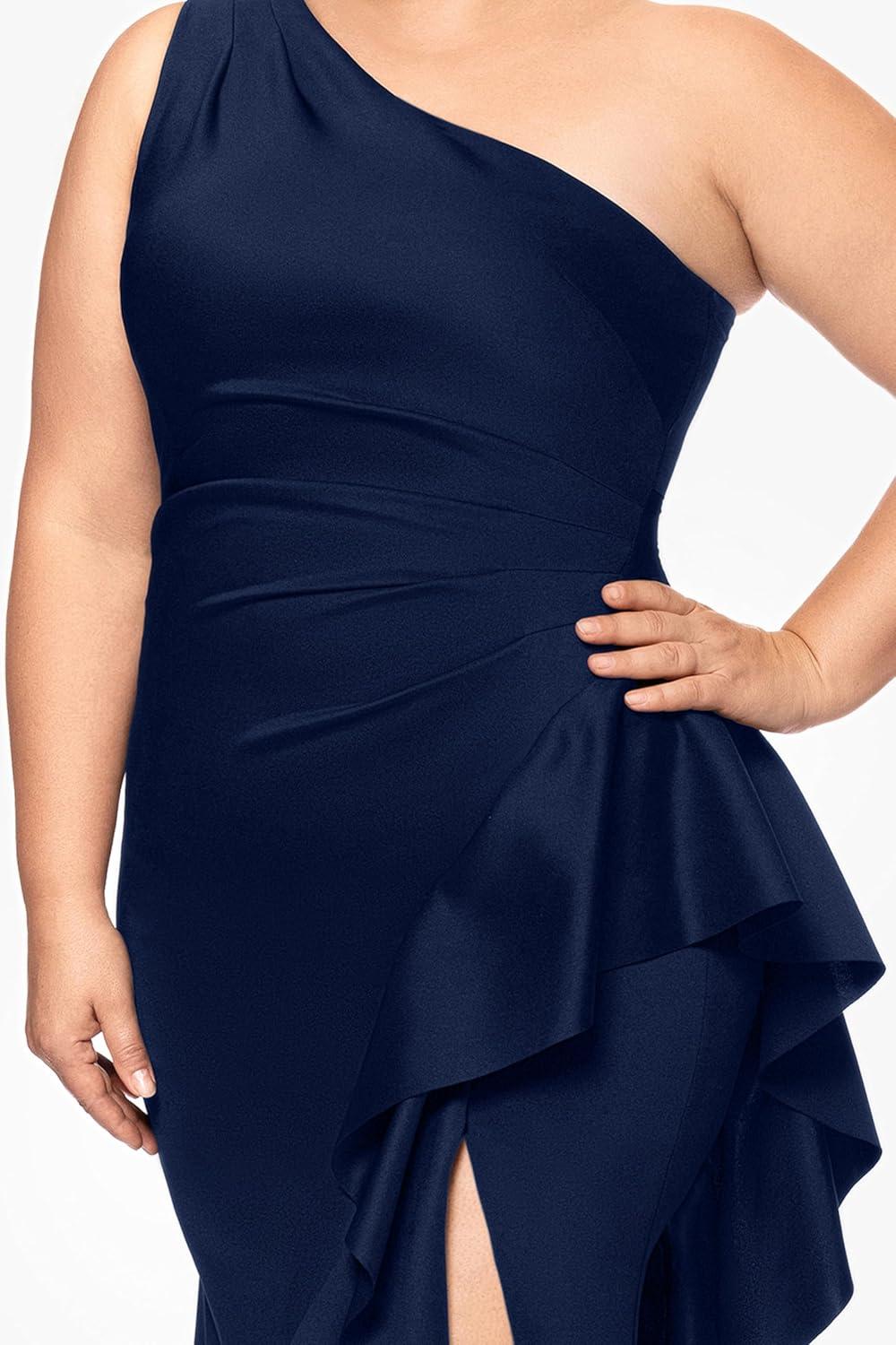 imageXscape Womens Long One Shoulder Sleeveless Stretch Scuba Crepe Sheath GownMidnight