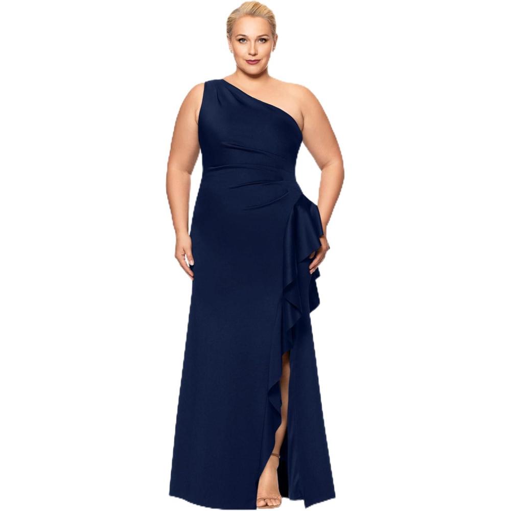 imageXscape Womens Long One Shoulder Sleeveless Stretch Scuba Crepe Sheath GownMidnight