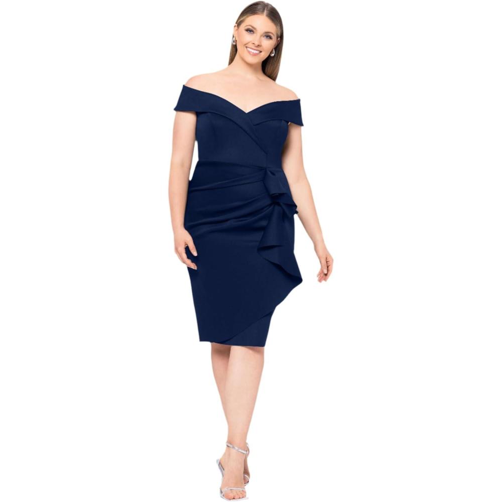 imageXscape Womens Plus Short Scuba OffTheShoulder Ruffle Midi Dress with Center Back ZipperMidnight