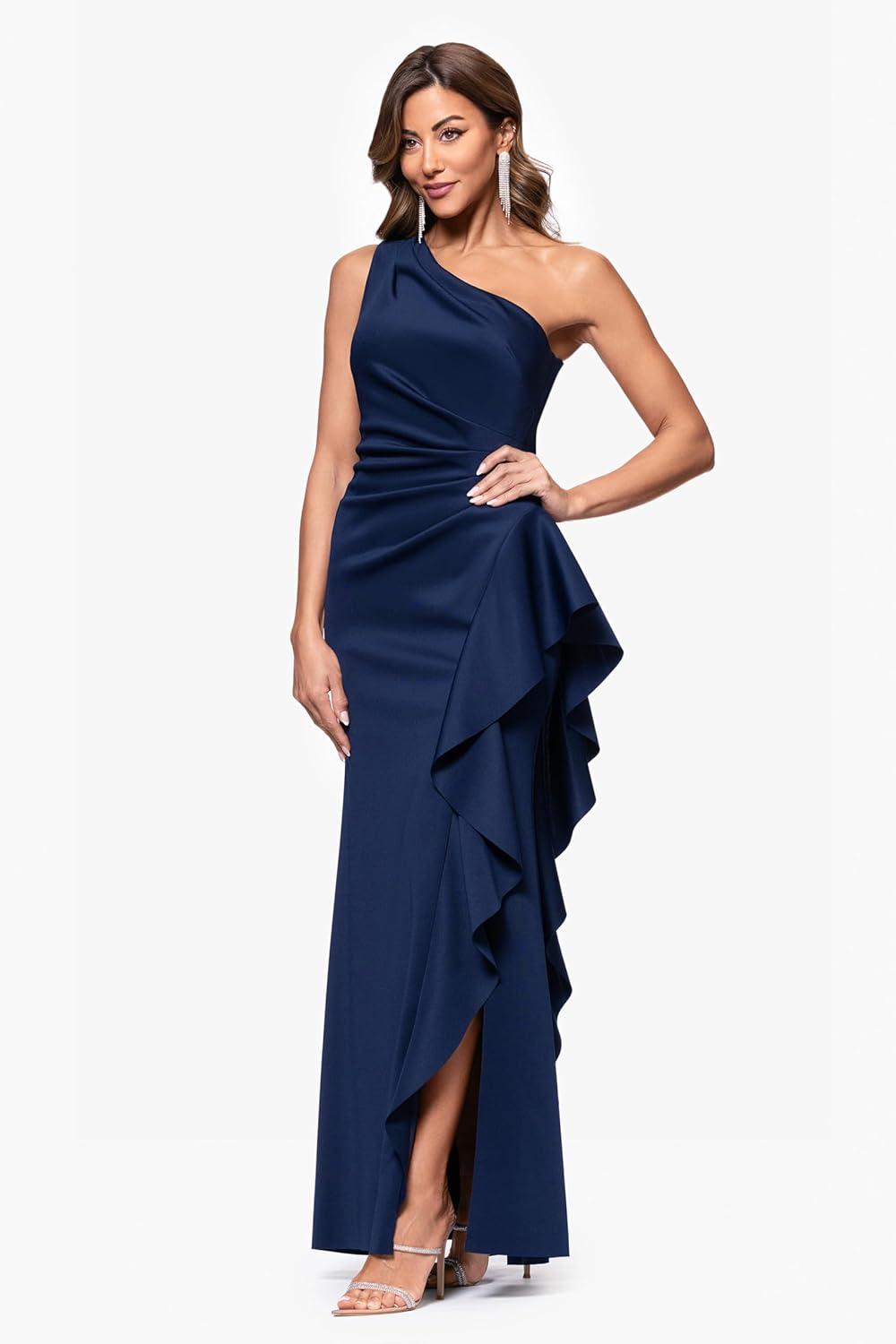 imageXscape Womens OneShoulder Gown with Cascading Ruffle Detail and Ruched WaistMidnight