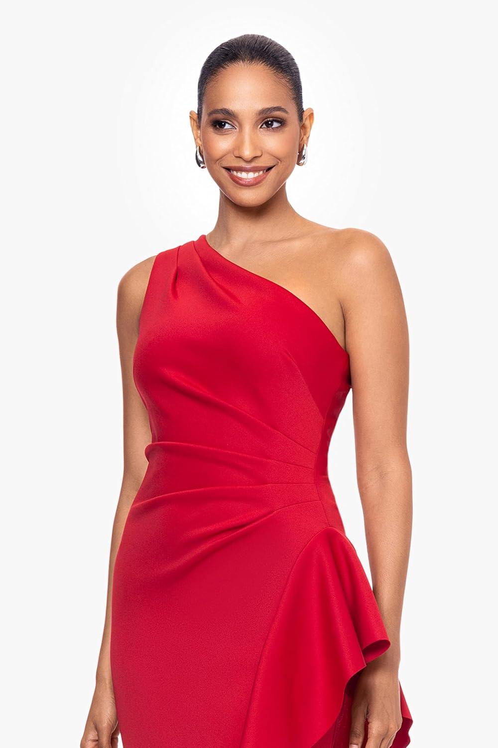 imageXscape Womens OneShoulder Gown with Cascading Ruffle Detail and Ruched WaistRed