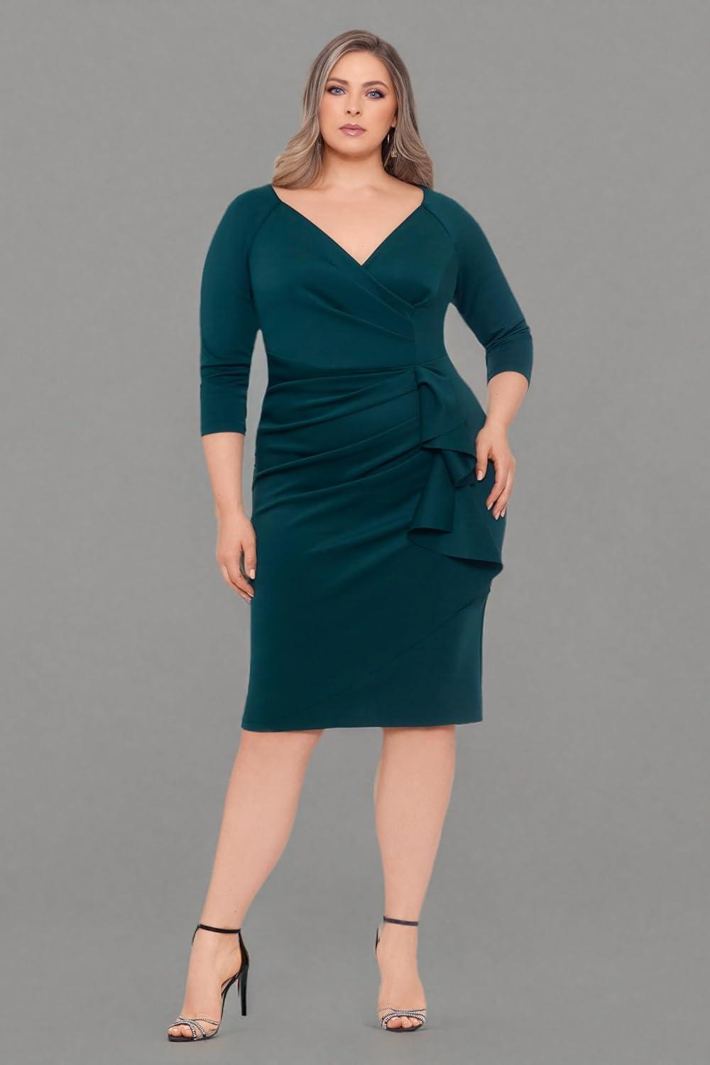 imageXscape Womens Plus Size Midi VNeck 34 Sleeve Side Ruched Dress Hunter 22W