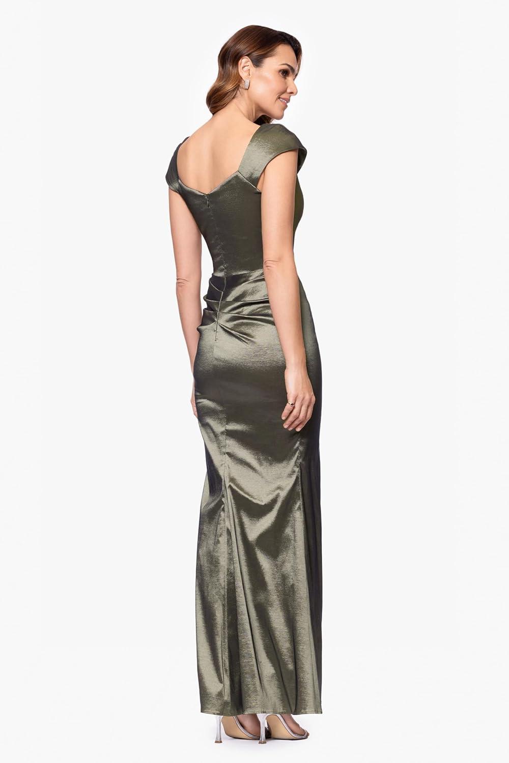 imageXscape Womens Sleeveless Asymmetrical Taffeta Neck Gown with Side Slit Olive 4