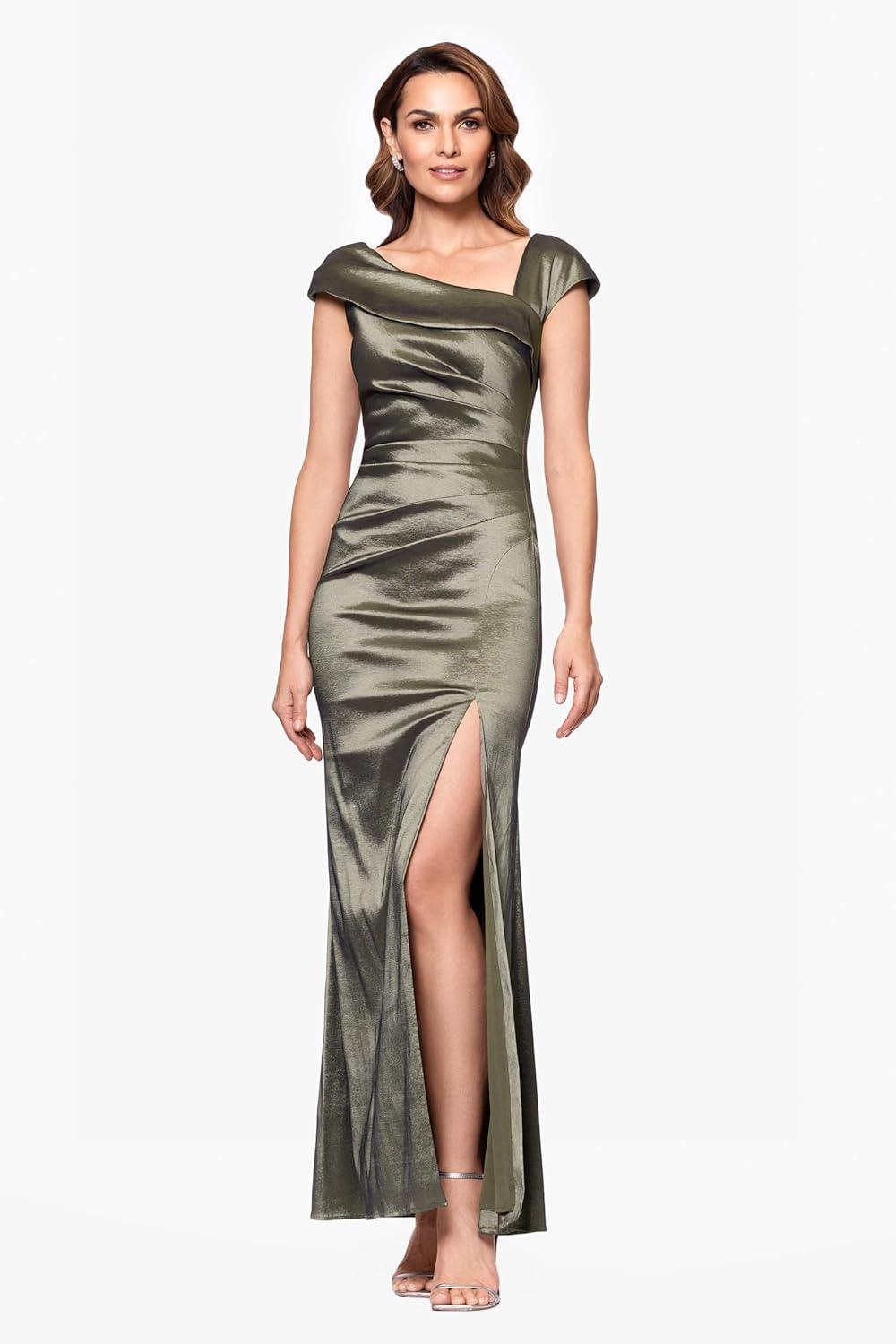 imageXscape Womens Sleeveless Asymmetrical Taffeta Neck Gown with Side Slit Olive 4