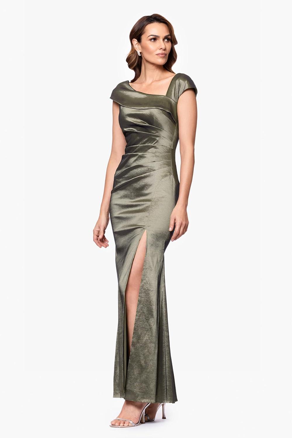 imageXscape Womens Sleeveless Asymmetrical Taffeta Neck Gown with Side Slit Olive 4