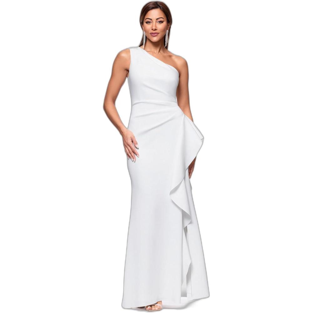 imageXscape Womens OneShoulder Gown with Cascading Ruffle Detail and Ruched WaistIvory