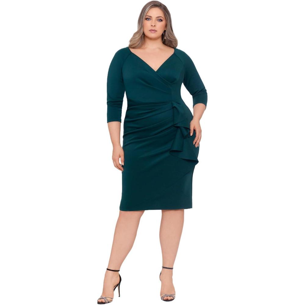 imageXscape Womens Plus Size Midi VNeck 34 Sleeve Side Ruched Dress Hunter 22W