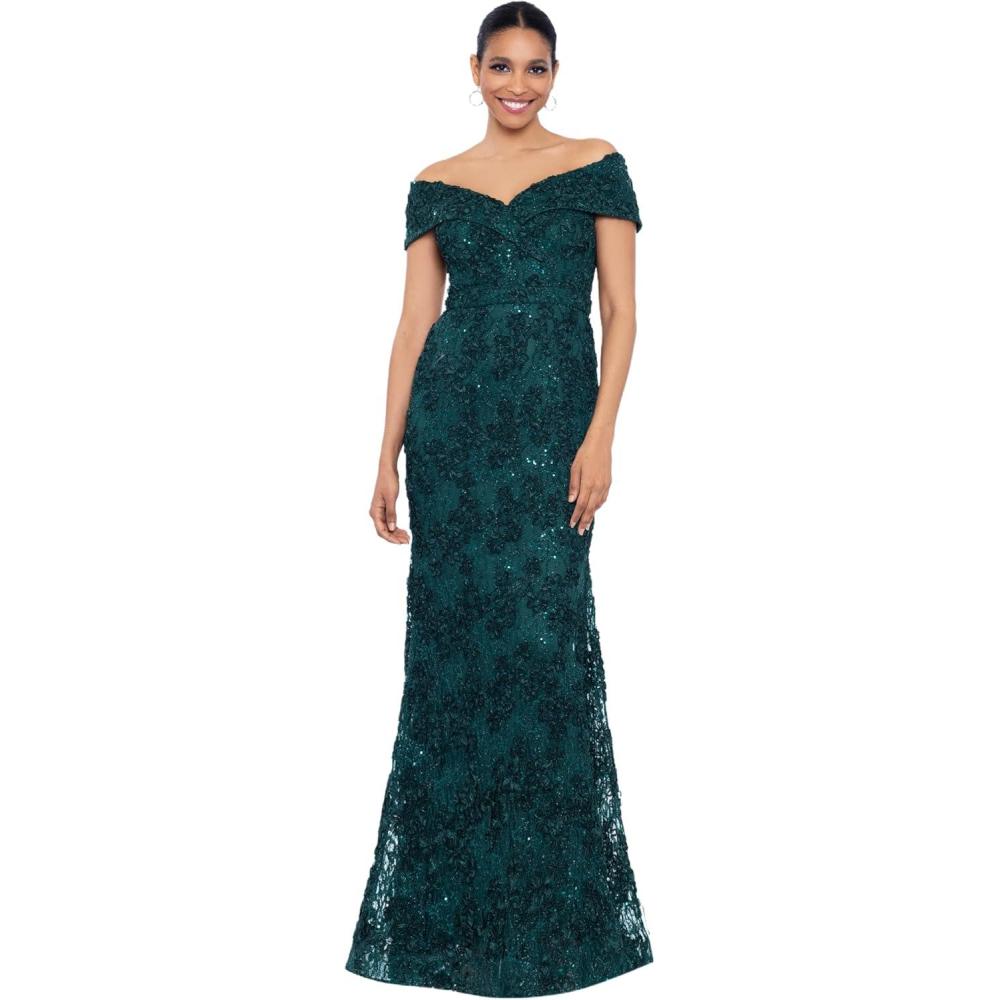 imageXscape womens Off the Shoulder Sweetheart Neckline Long Lace Dress Standard ampamp Petite Special Occasion DressGoldSilver