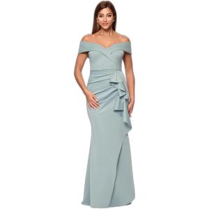 Xscape Women’s Long Off Shoulder Sweetheart Neck Side Ruffle Gown, Sage, 16