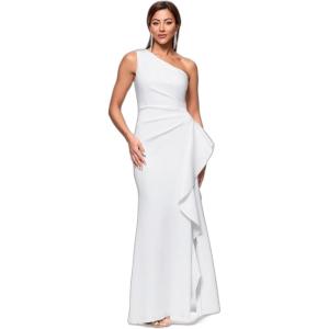 Xscape Womens One-Shoulder Gown with Cascading Ruffle Detail and Ruched Waist(Ivory)