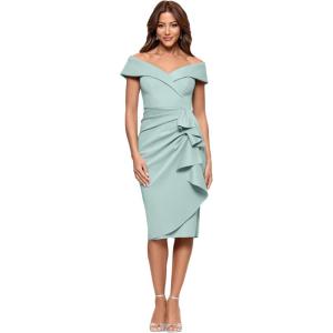 Xscape Women’s Short Scuba Off-The-Shoulder Ruffle Midi Dress with Center Back Zipper, Sage, 16