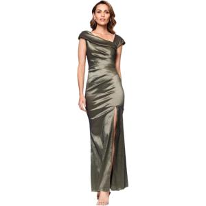 Xscape Women’s Sleeveless Asymmetrical Taffeta Neck Gown with Side Slit, Olive, 4