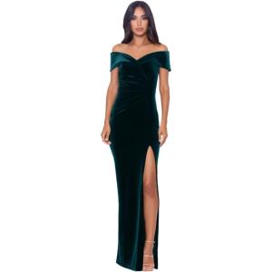 Xscape Womens Xscape Women’s Velvet Sweetheart Neck Off Shoulder Leg Slit Floor Length Dress(Hunter)
