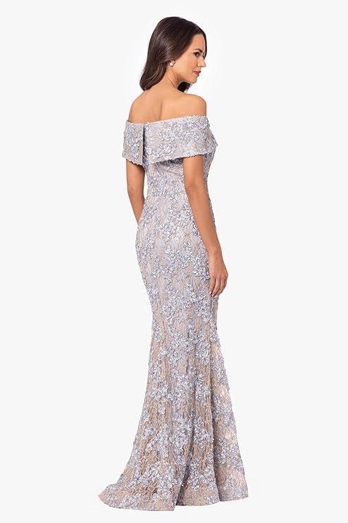 image:imageXscape Womens Off The Shoulder Sweetheart Neckline Long Lace Dress Standard amp Petite GoldSilver 4