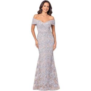 Xscape Women’s Off The Shoulder Sweetheart Neckline Long Lace Dress (Standard & Petite), Gold/Silver, 4