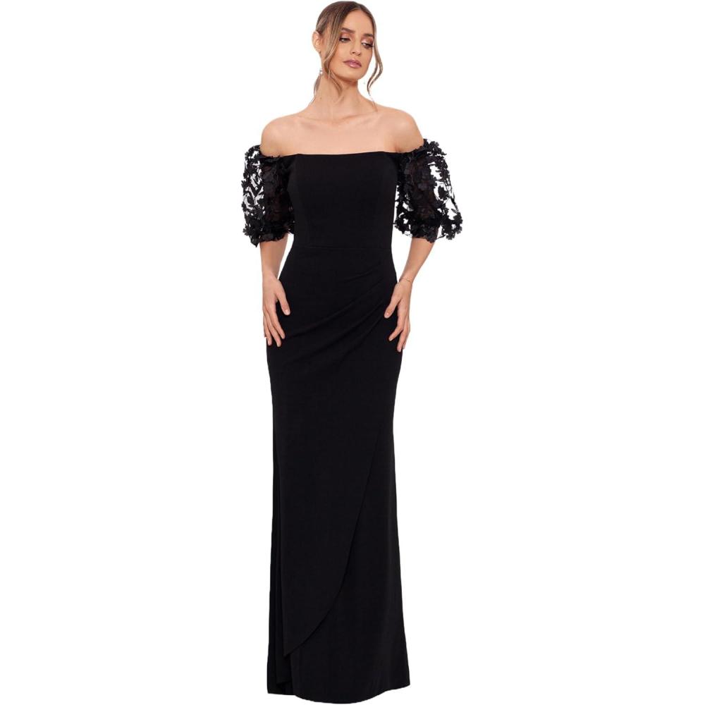 image:imageXscape Womens Illusion Sleeve Off The Shoulder Long Dress Reg and PetiteBlack