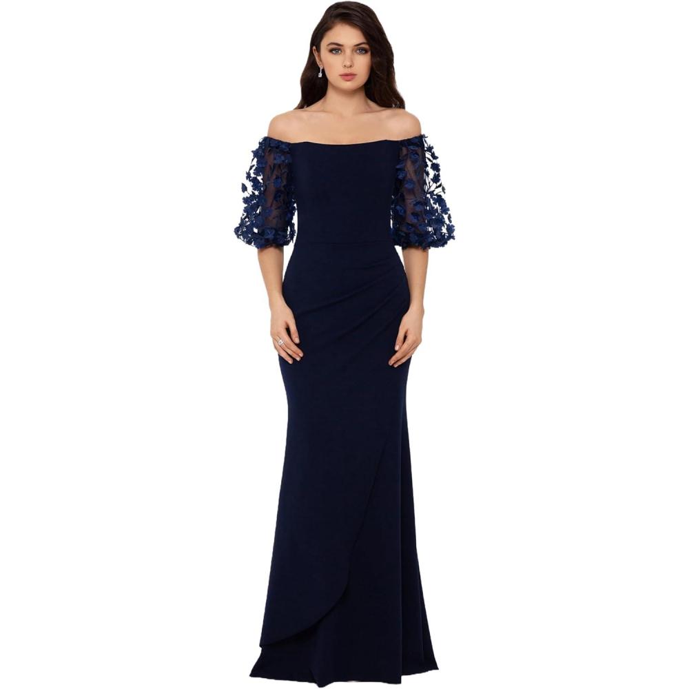image:imageXscape Womens Illusion Sleeve Off The Shoulder Long Dress Reg and PetiteNavy