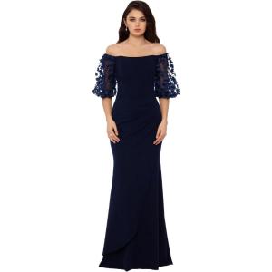 Xscape Womens Illusion Sleeve Off The Shoulder Long Dress (Reg and Petite)(Navy)