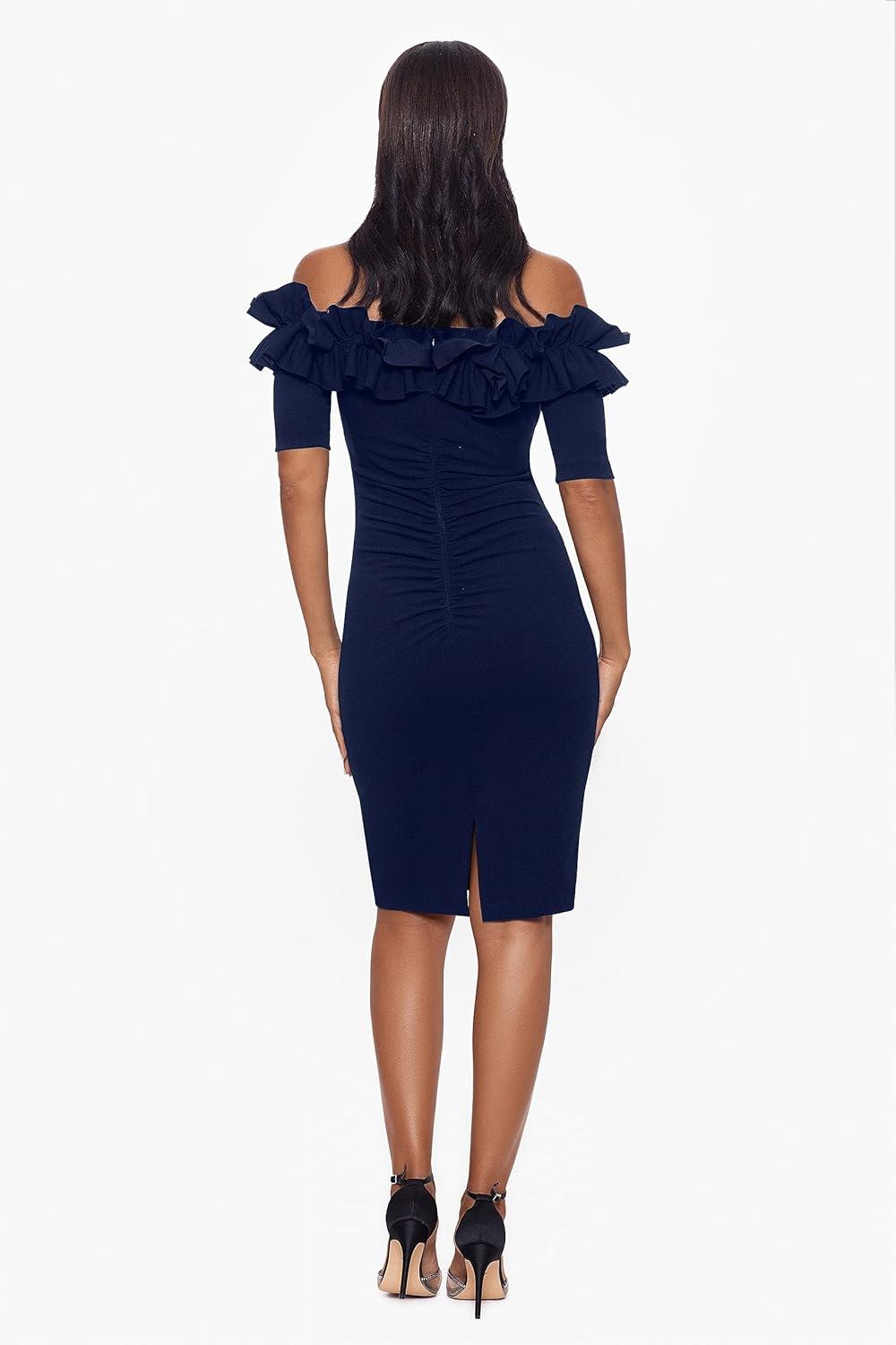 image:imageXscape Womens Short Scuba Crepe Dress with Ruffle Top Detail Reg and PetiteNavy