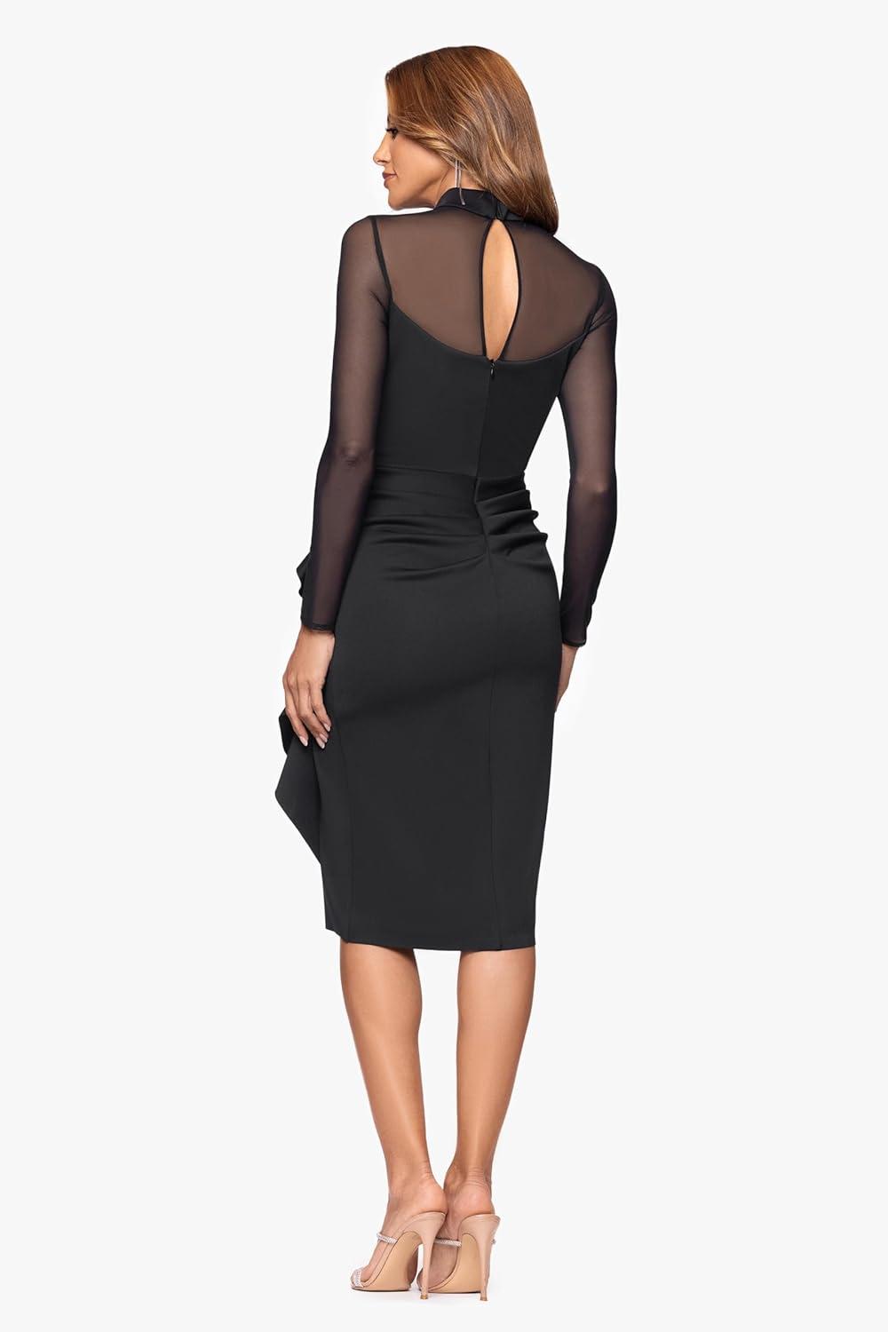 image:imageXscape Womens Techno Scuba Illusion Neck Mesh Sleeve Ruched Midi DressBlack