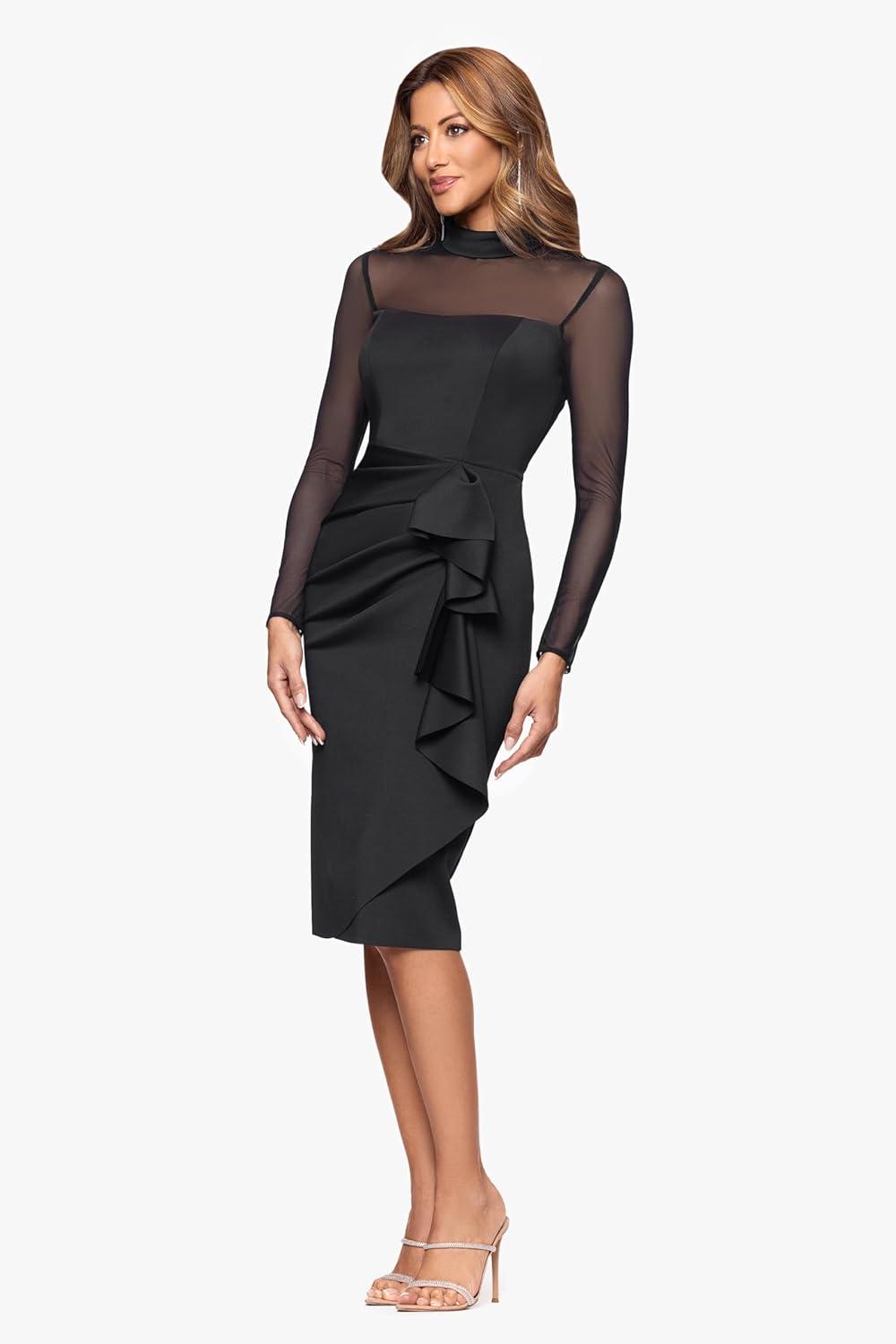 image:imageXscape Womens Techno Scuba Illusion Neck Mesh Sleeve Ruched Midi DressBlack