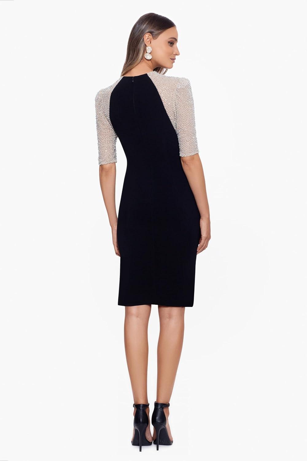image:imageXscape Womens Xscape Womens KneeLength HighNeck with Embellished Half Sleeves and Fitted SilhouetteBlackNudeSilver