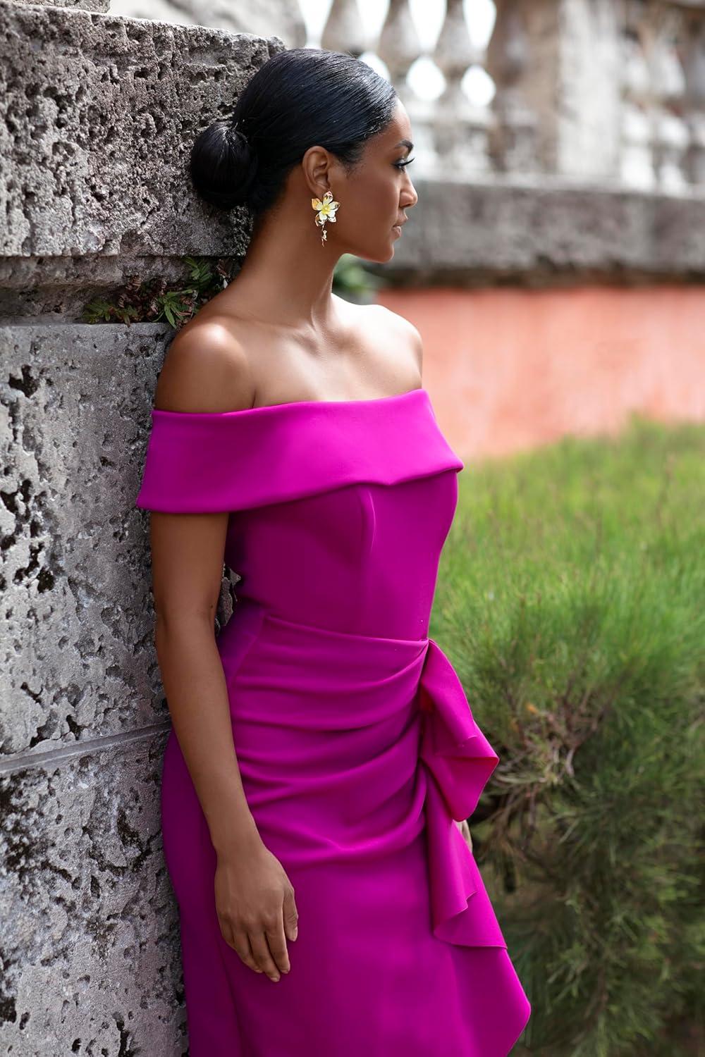 image:imageXscape Womens Xscape Womens KneeLength OffTheShoulder with Ruffled Side Detail and Fitted SilhouetteOrchid Pink