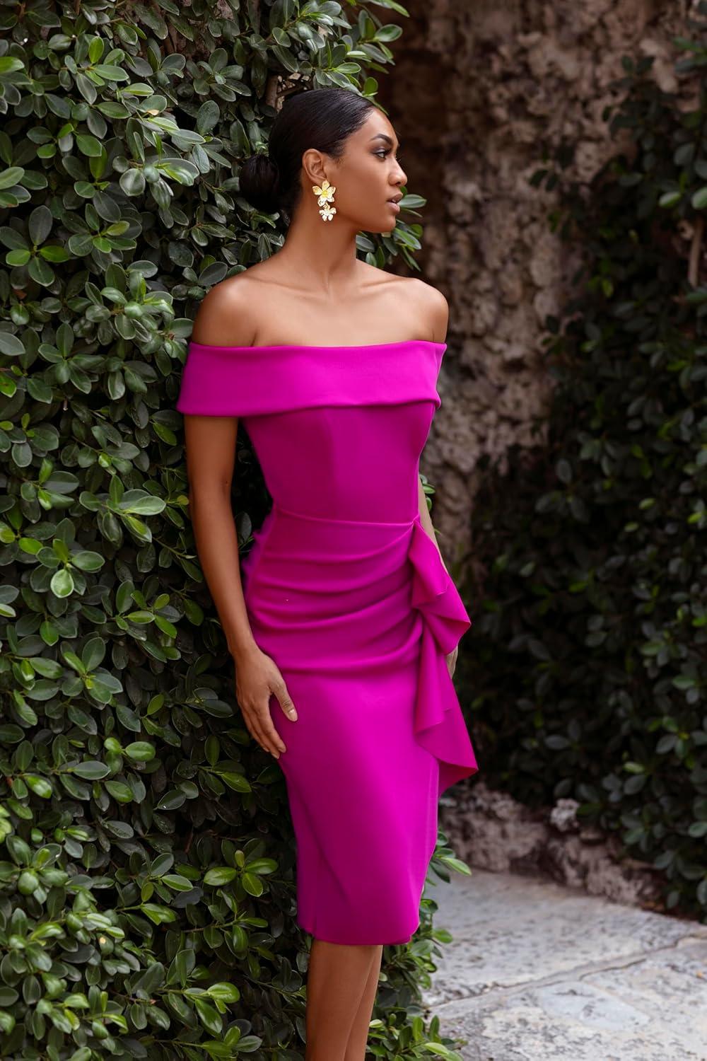 image:imageXscape Womens Xscape Womens KneeLength OffTheShoulder with Ruffled Side Detail and Fitted SilhouetteOrchid Pink