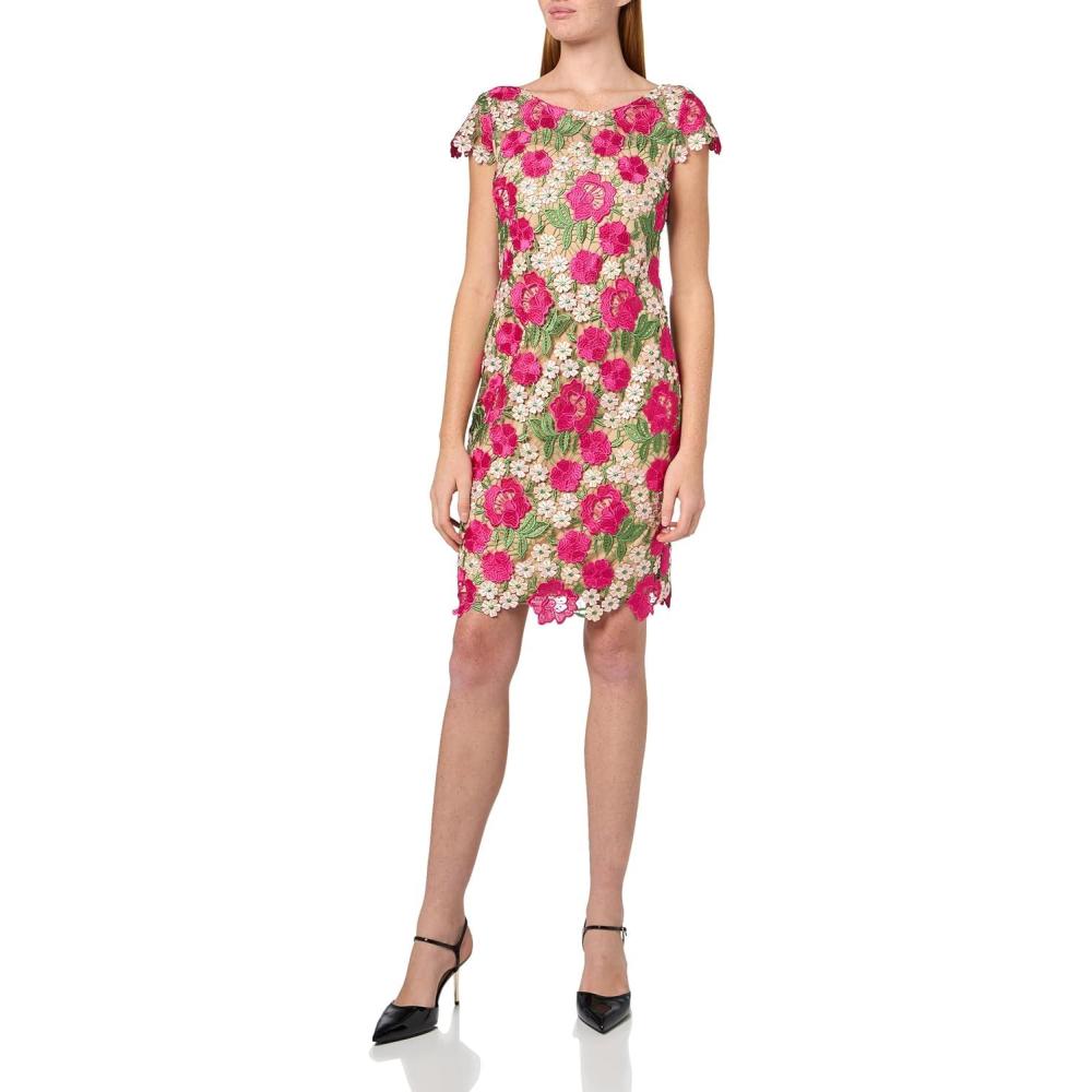 image:imageXscape Womens Short Sleeve Floral Lace Embroidered Sheath Midi Dress FushiaNude 6