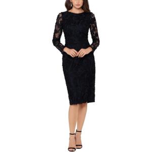 Xscape Womens Long Sleeve Raised Floral Lace Midi Length Dress (Reg and Petite)(Black)