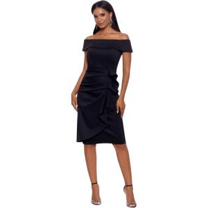 Xscape Women’s Xscape Women’s Knee-Length, Off-The-Shoulder, with Ruffled Side Detail and Fitted Silhouette(Black)