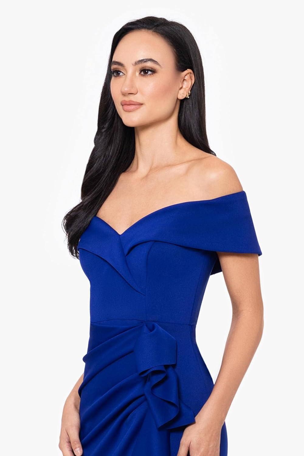 image:imageXscape Womens Long Off Shoulder Sweetheart Neck Side Ruffle Gown Reg and PetiteMarine