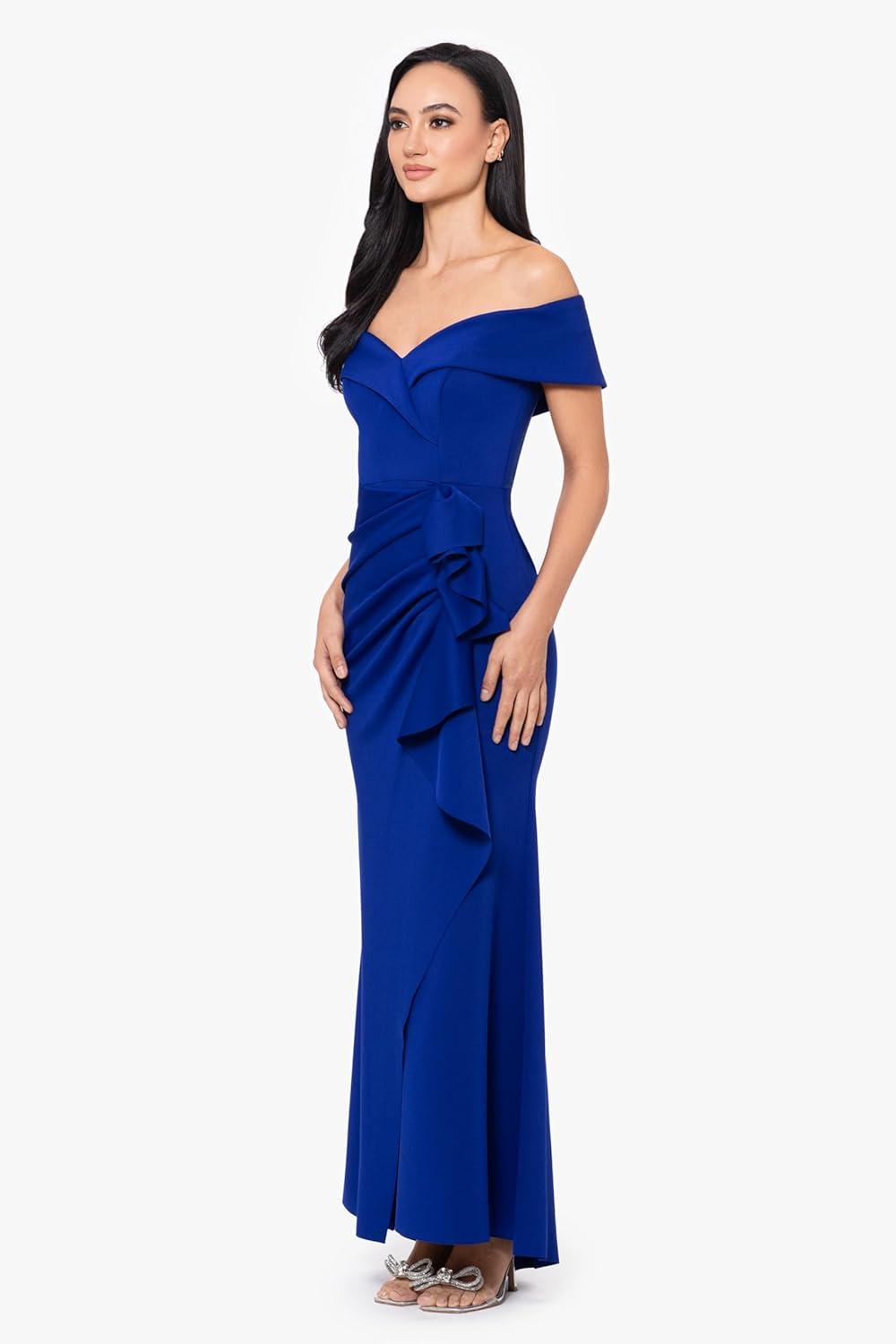 image:imageXscape Womens Long Off Shoulder Sweetheart Neck Side Ruffle Gown Reg and PetiteMarine