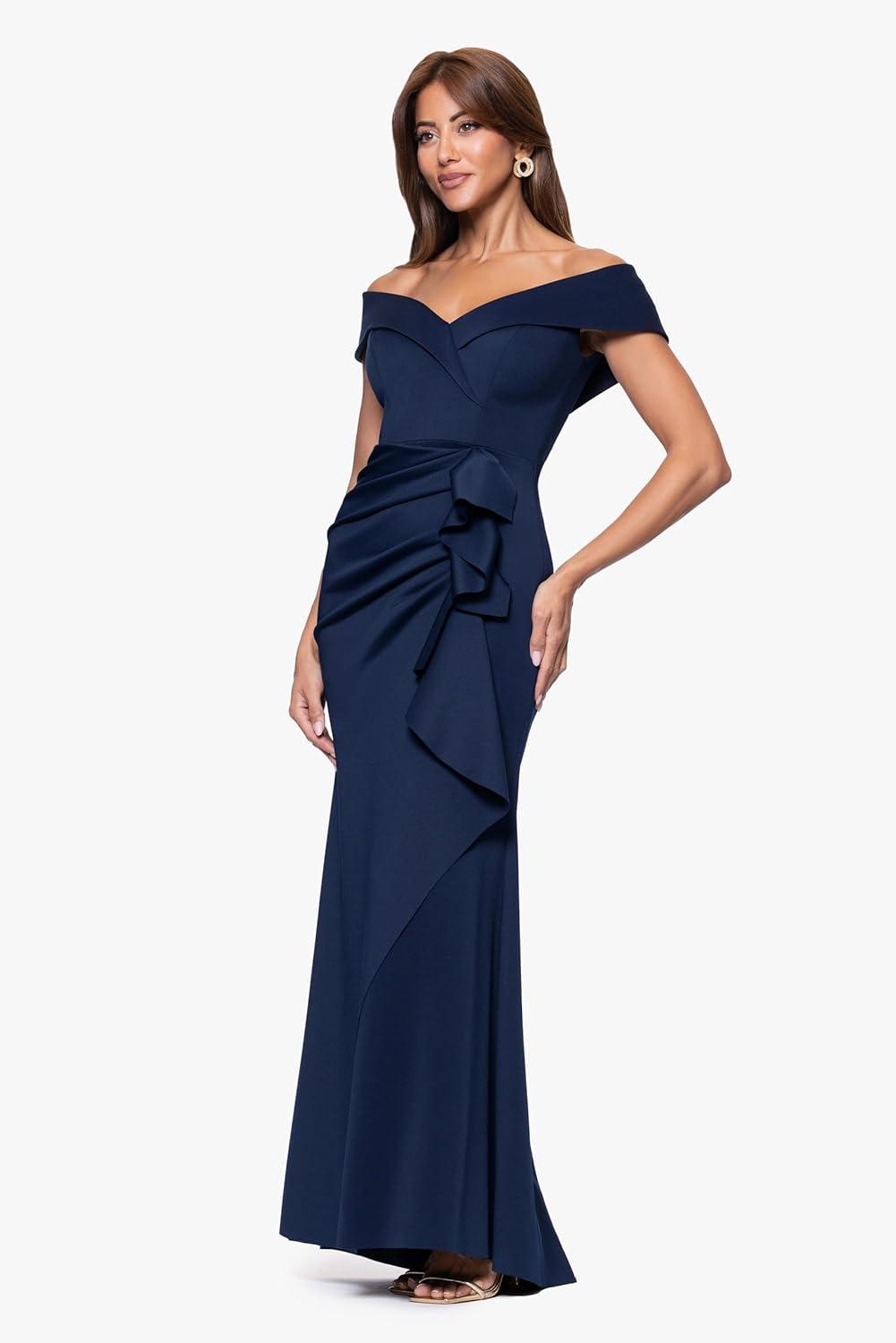 image:imageXscape Womens Long Off Shoulder Sweetheart Neck Side Ruffle Gown Reg and PetiteMidnight