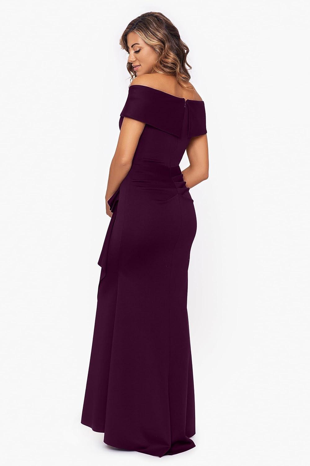 image:imageXscape Womens Long Off Shoulder Sweetheart Neck Side Ruffle Gown Reg and PetitePlum