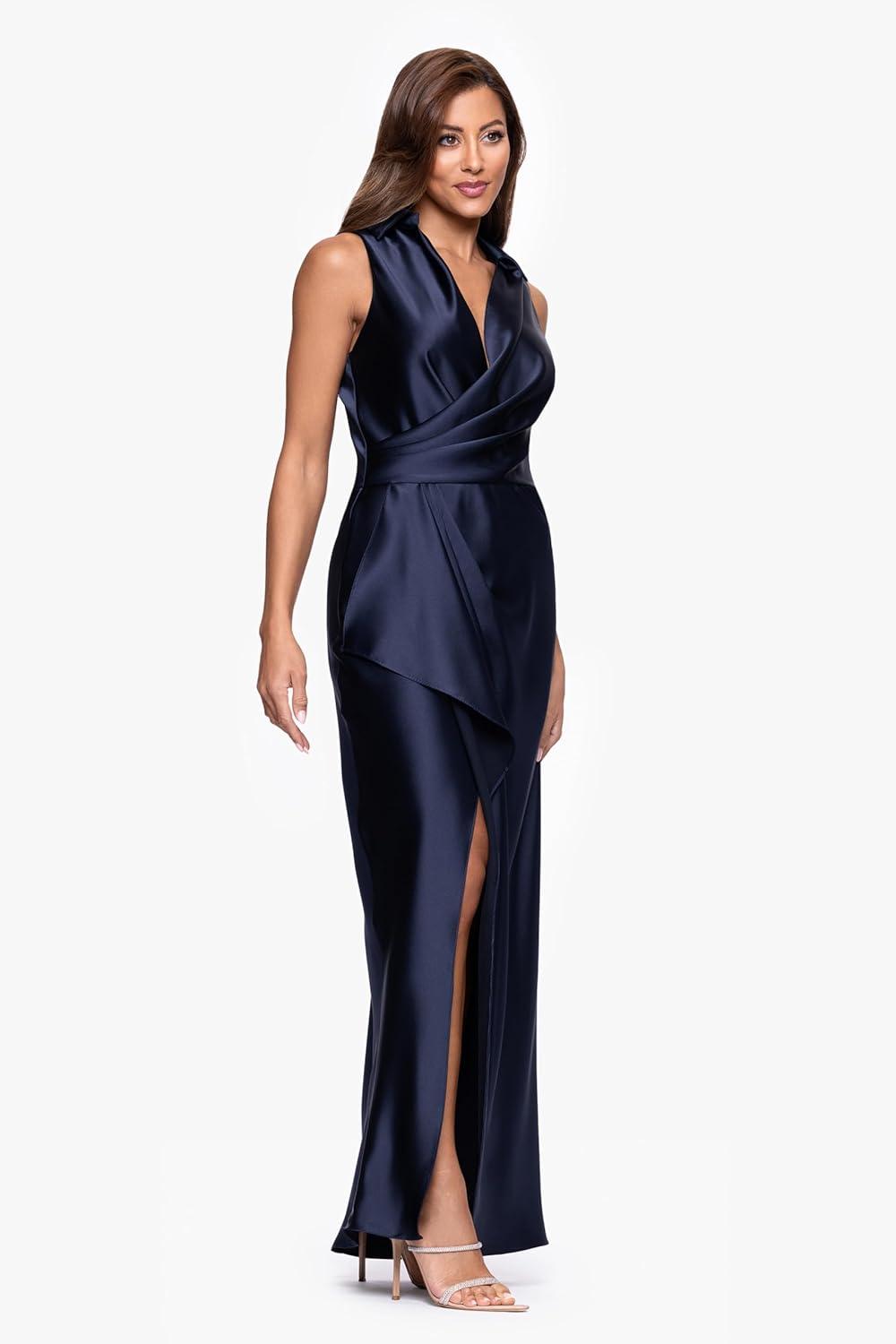 image:imageXscape Womens Long Satin Collared Top DressNavy