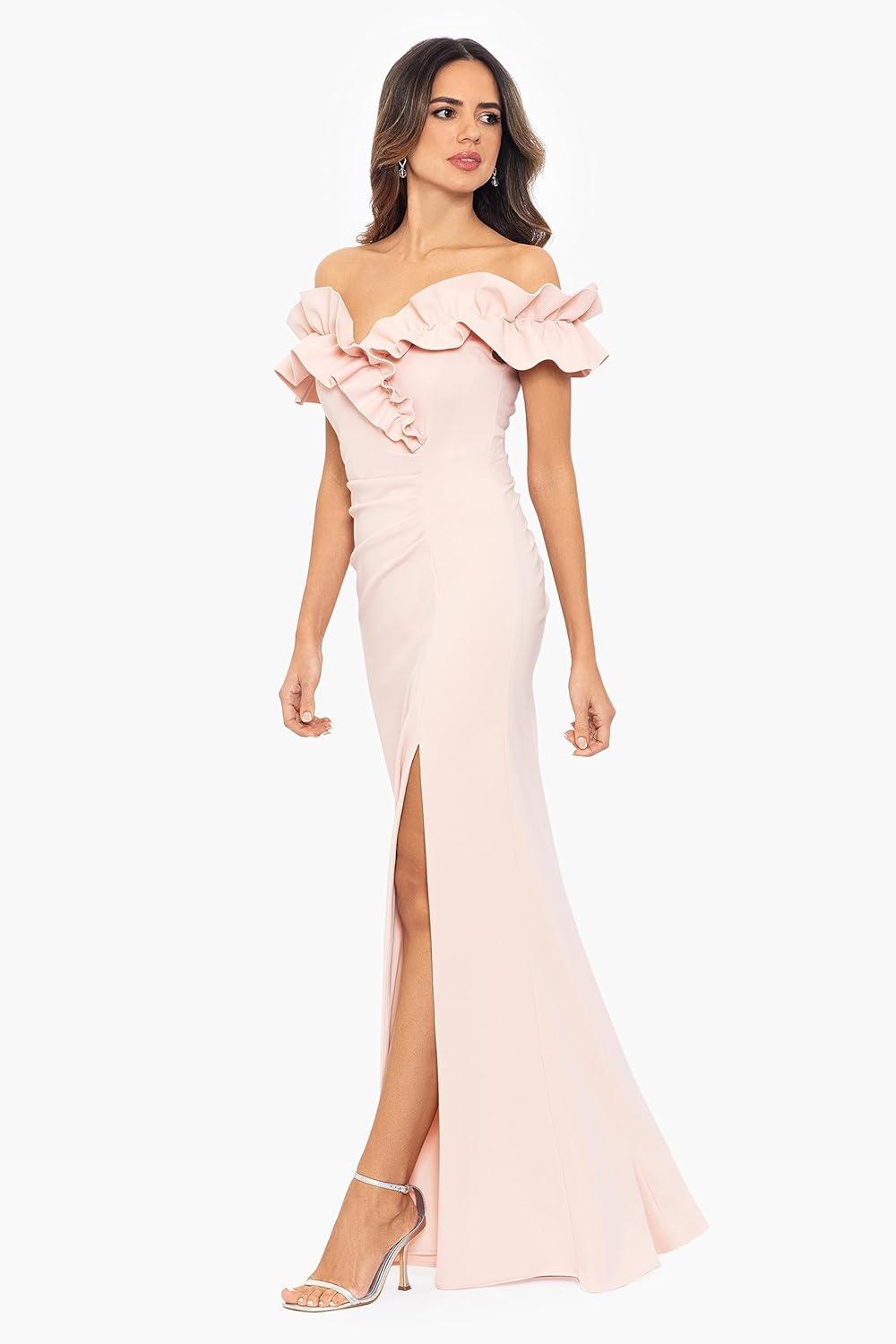 image:imageXscape Womens Long Stretch Scuba Crepe Ruffle Collar Ruched DressSpecial Occasion DressBlush