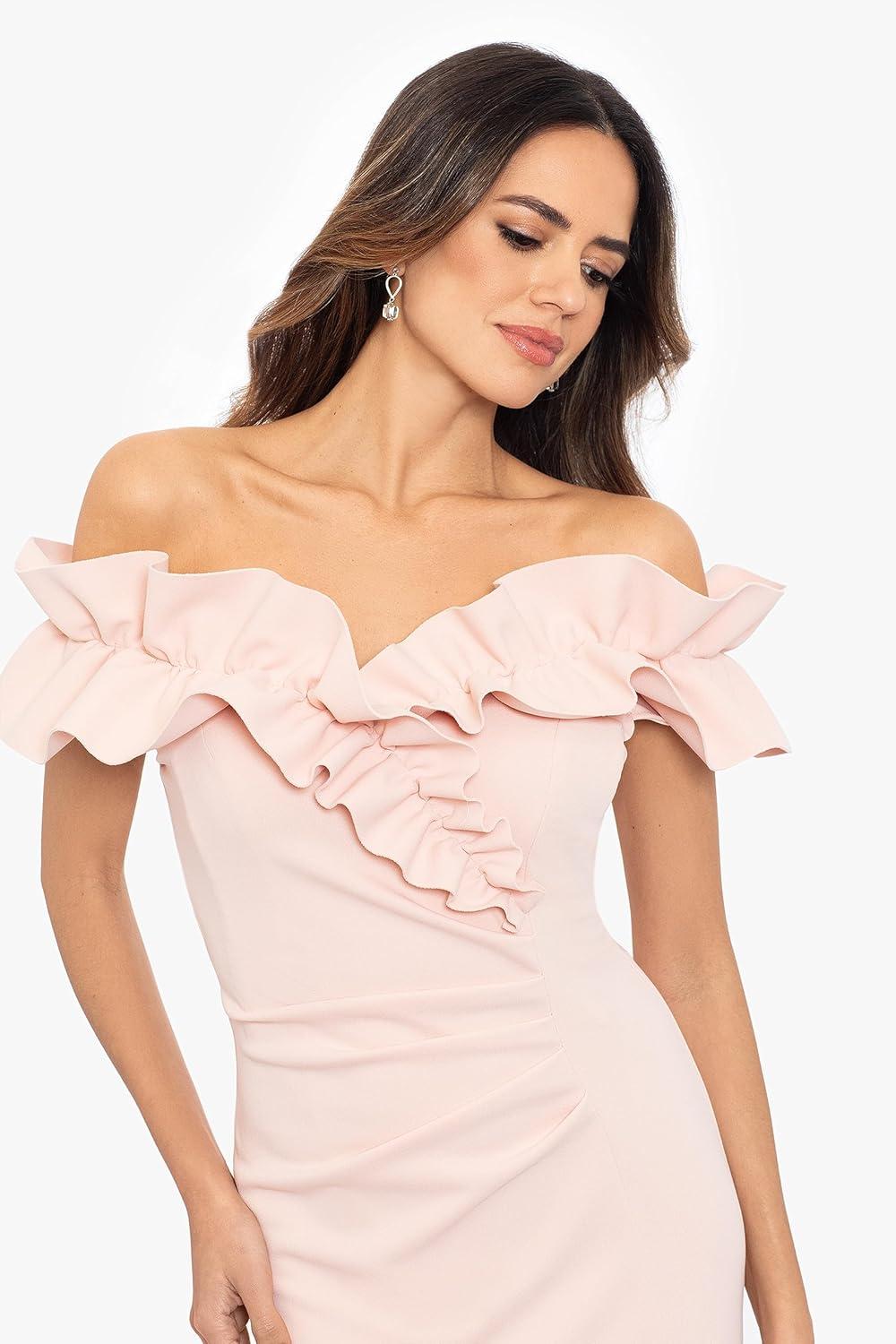 image:imageXscape Womens Long Stretch Scuba Crepe Ruffle Collar Ruched DressSpecial Occasion DressBlush