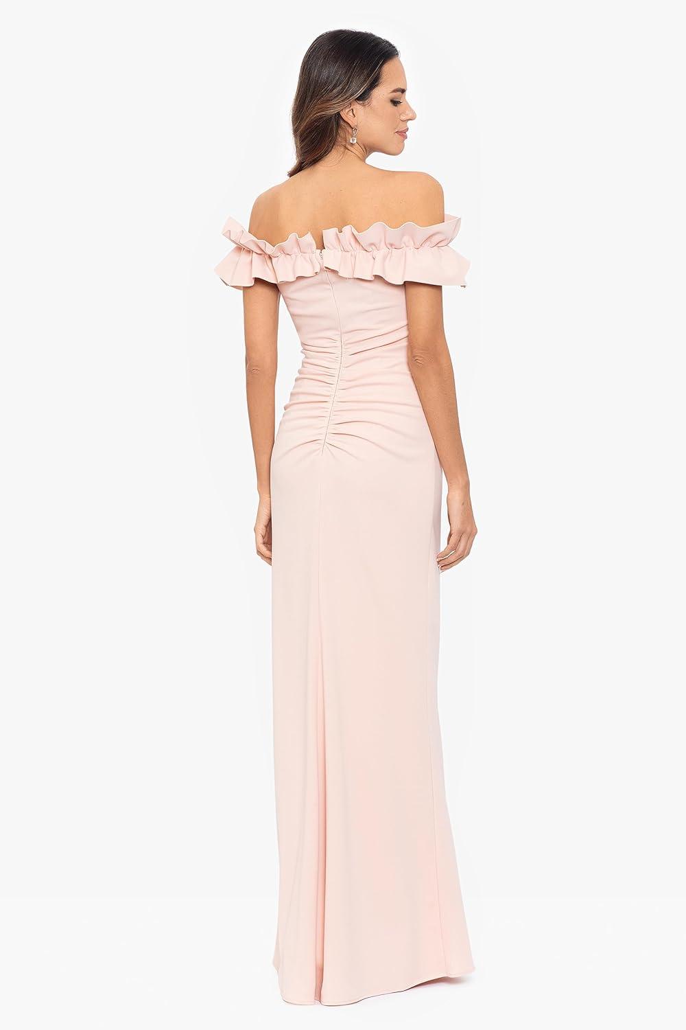 image:imageXscape Womens Long Stretch Scuba Crepe Ruffle Collar Ruched DressSpecial Occasion DressBlush