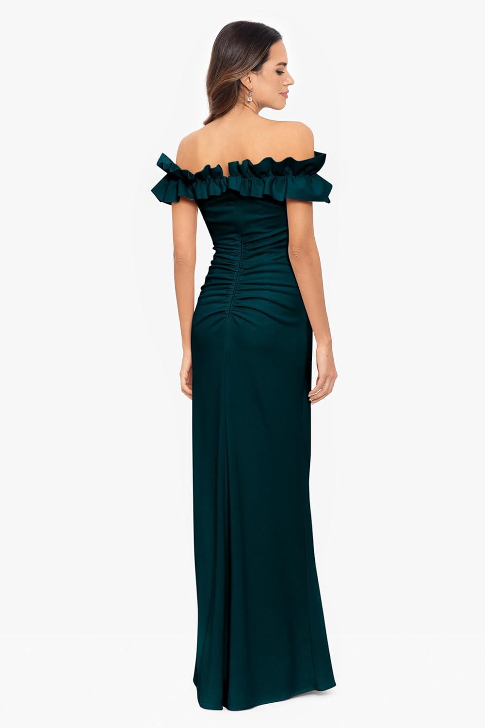 image:imageXscape Womens Long Stretch Scuba Crepe Ruffle Collar Ruched DressSpecial Occasion DressPine