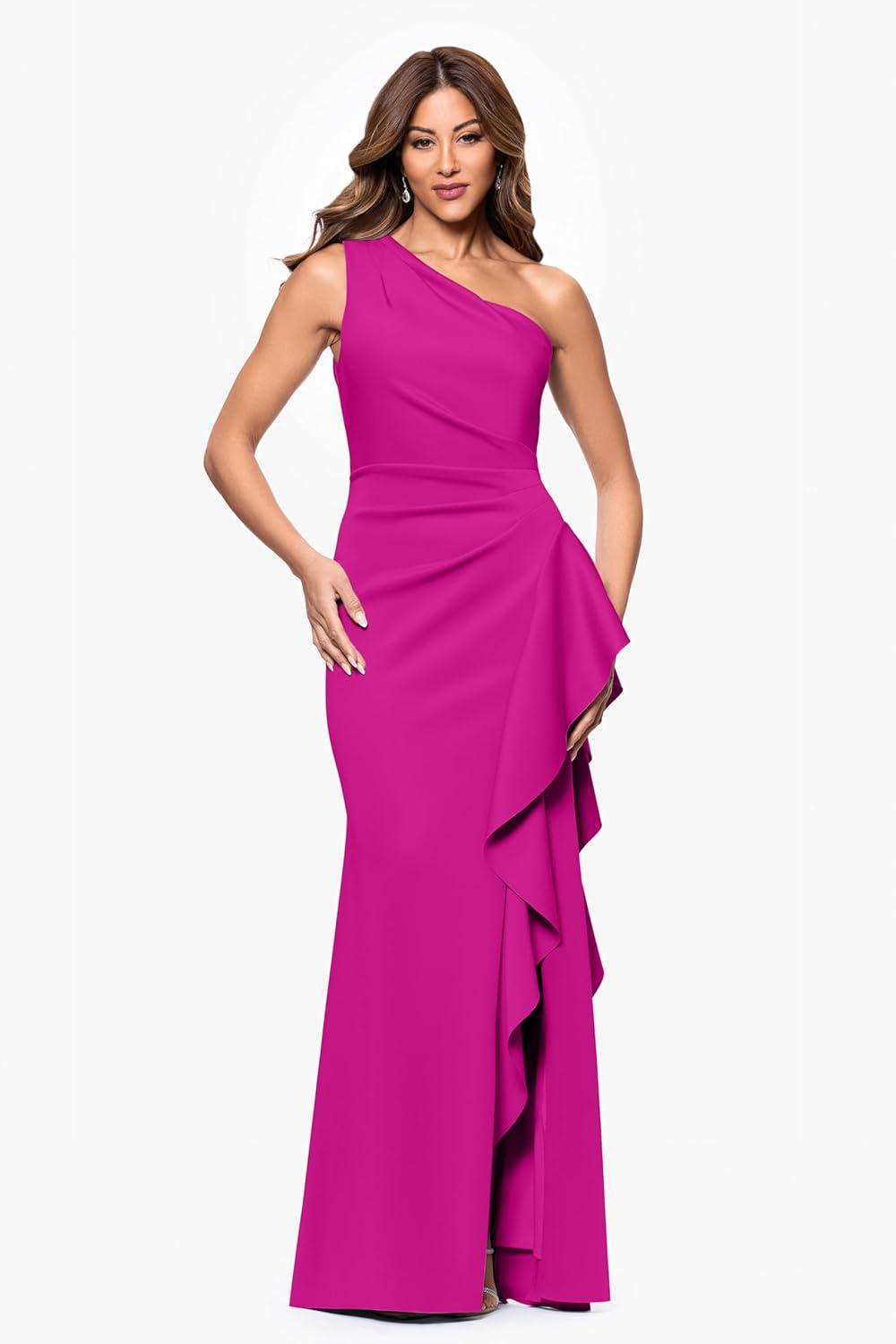 image:imageXscape Womens OneShoulder Gown with Cascading Ruffle Detail and Ruched WaistOrchid