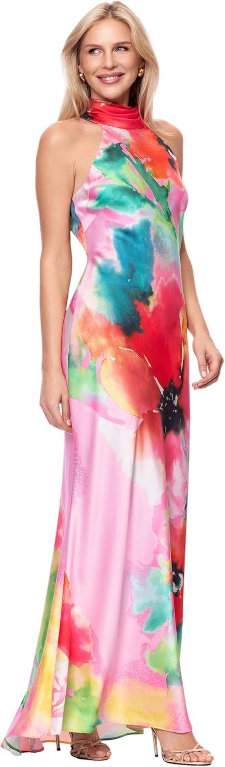 image:imageXscape Womens Print Satin Halter Neck Floor Length DressPinkRed