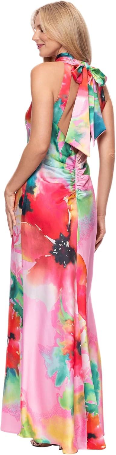 image:imageXscape Womens Print Satin Halter Neck Floor Length DressPinkRed