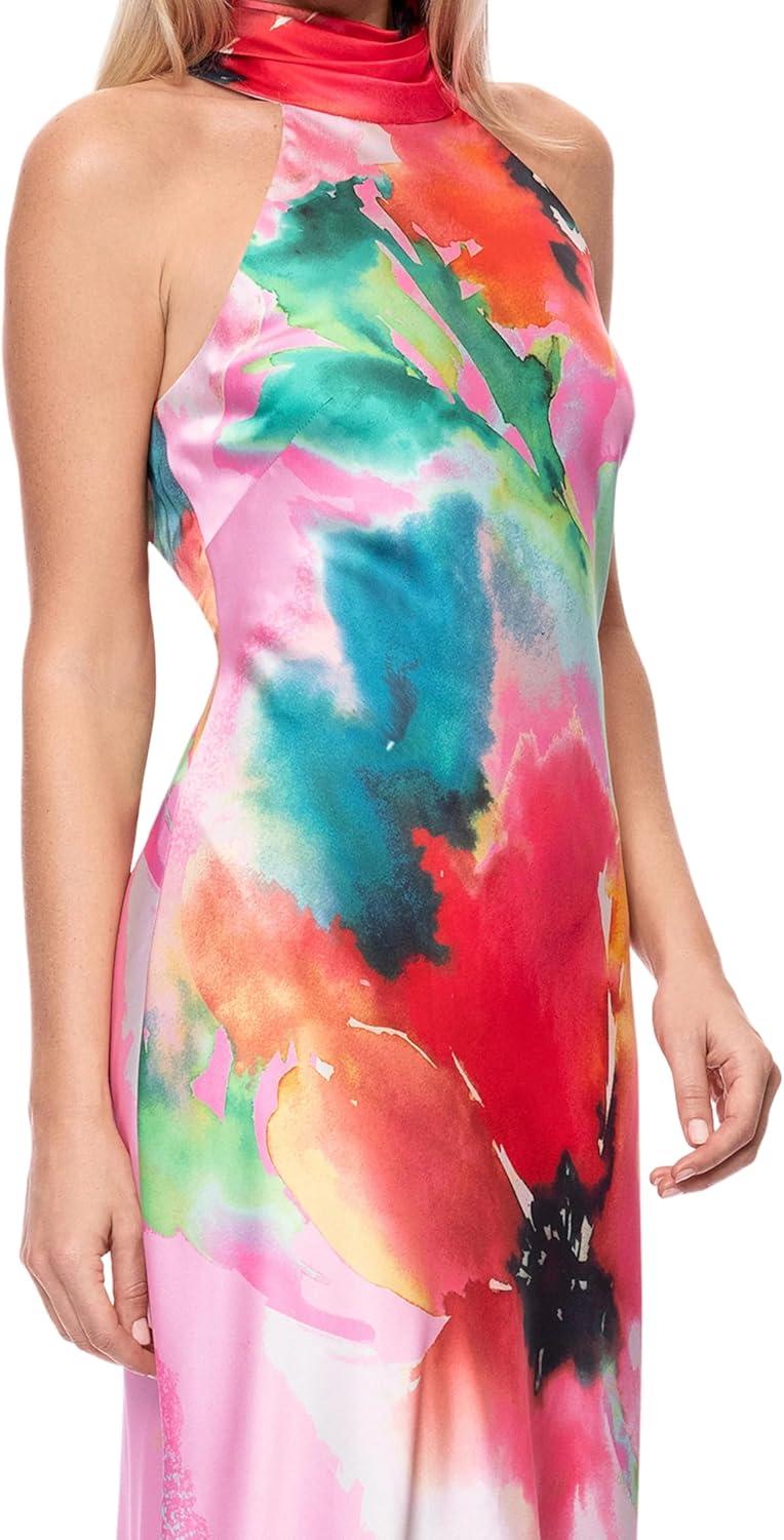 image:imageXscape Womens Print Satin Halter Neck Floor Length DressPinkRed